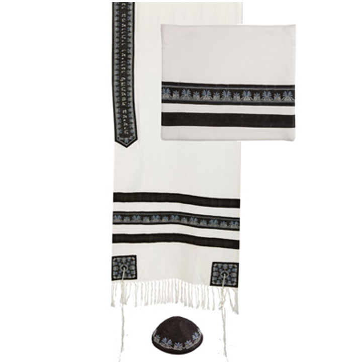 Yair Emanuel Embroidered Cotton Tallit Set Striped Design in Black