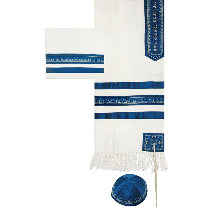 Yair Emanuel Embroidered Cotton Tallit Set Striped Design in Blue