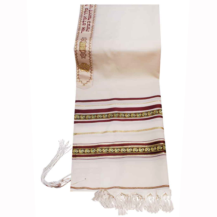 Traditional Wool Tallit with Decorative Ribbon Style # 10 / Paisley Design on Maroon and Gold Stripes