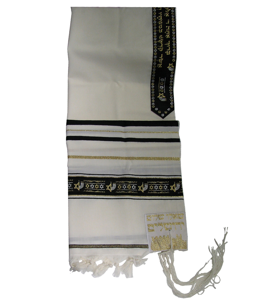 Traditional Wool Tallit with Decorative Stars of David and Menorah Motifs Ribbons