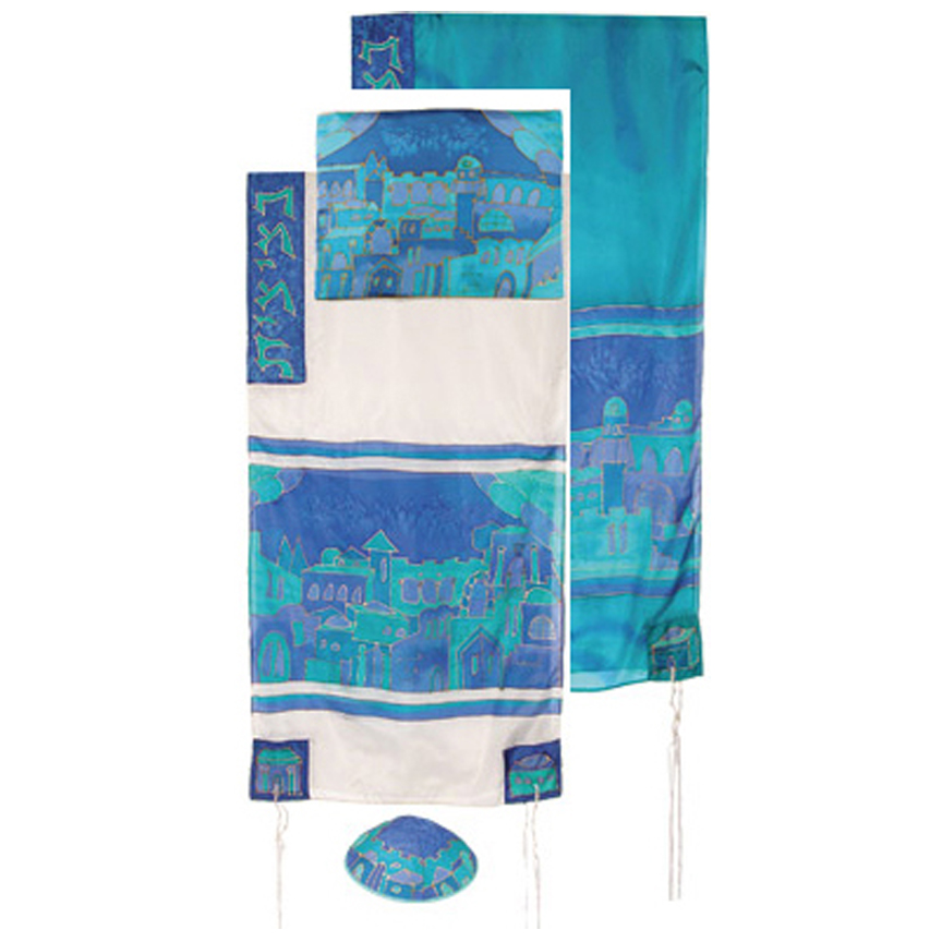 Yair Emanuel Jerusalem Gate in Blue Handpainted Silk Tallit Set
