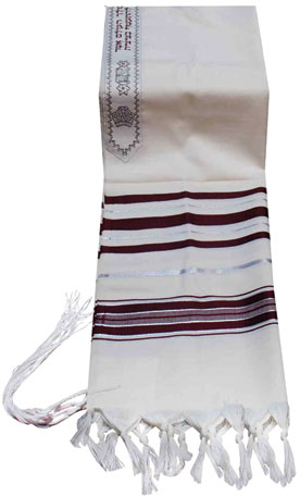 Traditional Lurex Wool Tallit in Maroon and Silver Stripes
