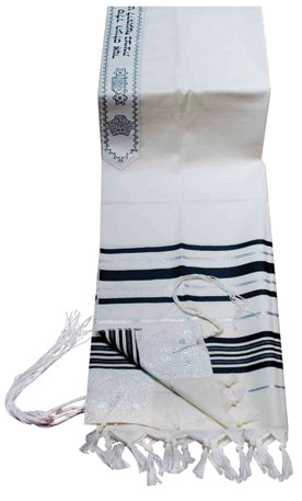 Traditional Lurex Wool Tallit in Black and Silver Stripes