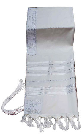 Traditional Lurex Wool Tallit in White and Silver Stripes