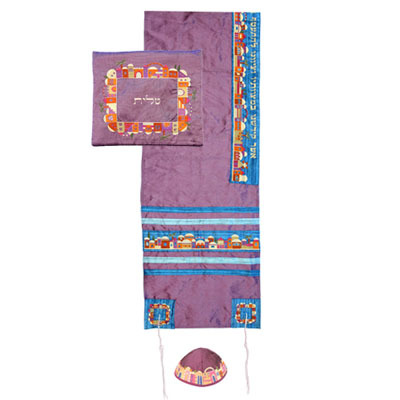 Yair Emanuel Embroidered Raw Silk Tallit Set in Jerusalem Purple