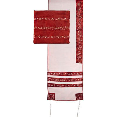 Yair Emanuel Embroidered Organza Tallit Set Striped Design in Maroon