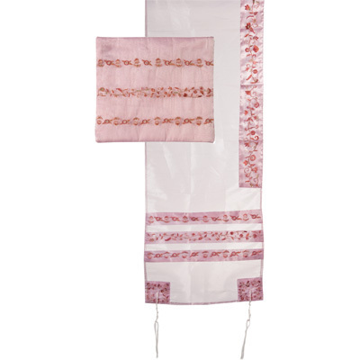Yair Emanuel Embroidered Organza Tallit Set Striped Design in Pink