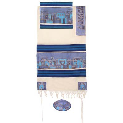 Yair Emanuel Jerusalem in Blue Cotton and Silk Tallit Set