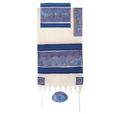 Yair Emanuel Twelve Tribes in Blue Cotton and Silk Tallit Set