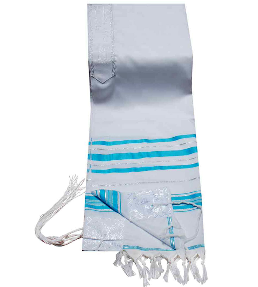 Acrylic (Imitation Wool) Tallit Prayer Shawl in Aqua and Silver Stripes