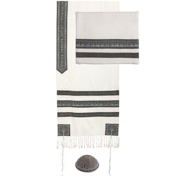 Yair Emanuel Embroidered Cotton Tallit Set Striped Design in Grey