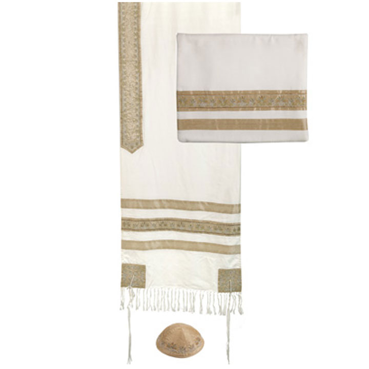 Yair Emanuel Embroidered Cotton Tallit Set Striped Design in Gold