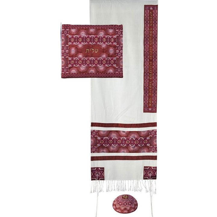 Yair Emanuel Embroidered Raw Silk Tallit Set Rainbow Star of David Design in Maroon