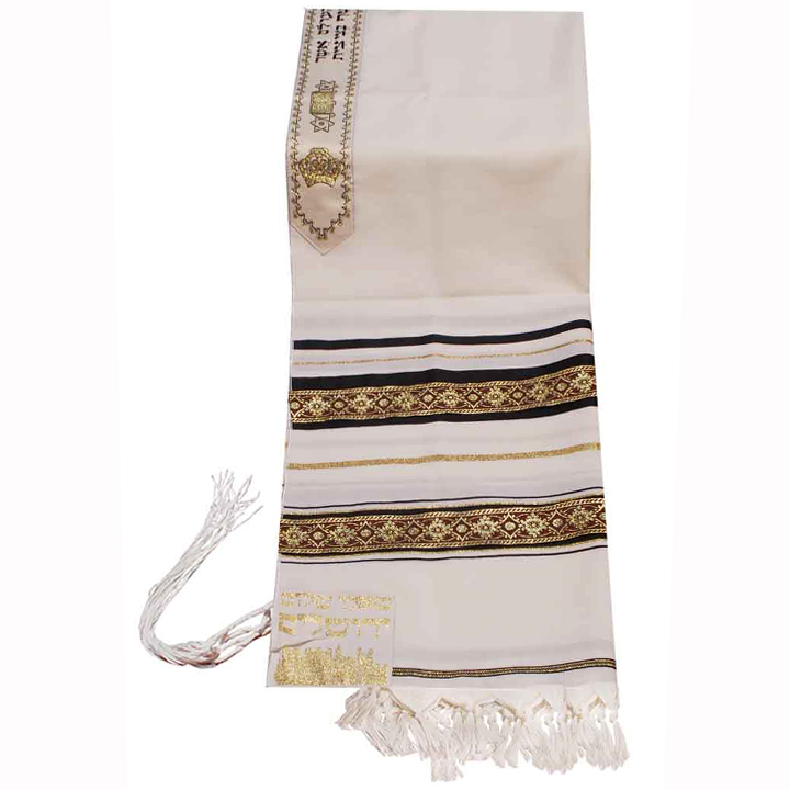 Traditional Wool Tallit with Decorative Black and Gold Ribbons Style # 4