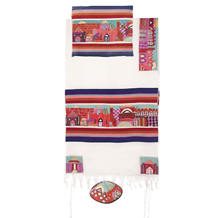 Yair Emanuel Hand Embroidered Jerusalem in Color Tallit Set