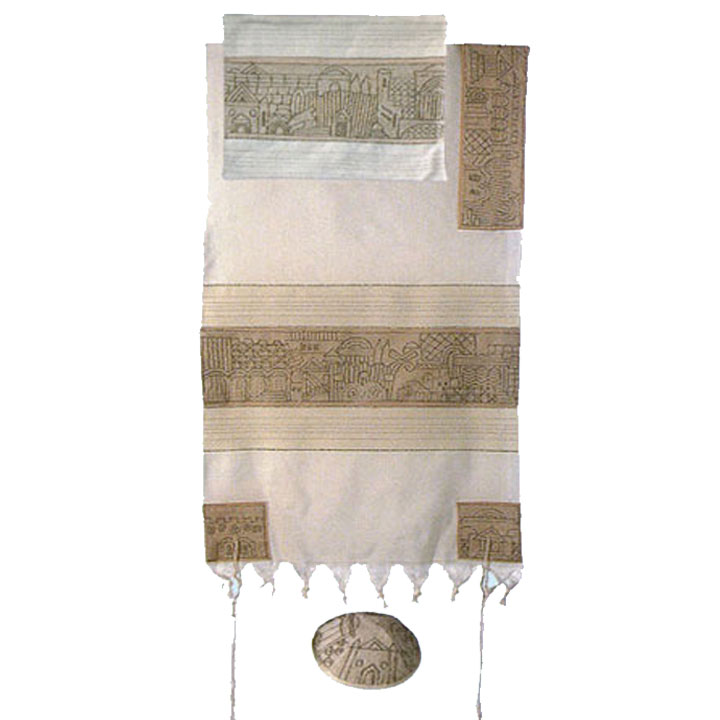 Yair Emanuel Hand Embroidered Jerusalem in Silver Tallit Set