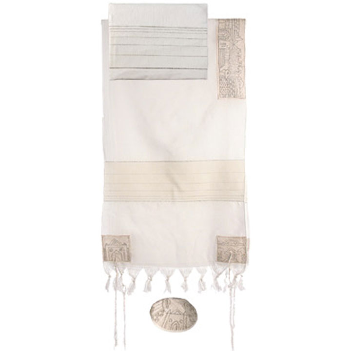 Yair Emanuel Hand Embroidered Jerusalem in Silver Tallit Set