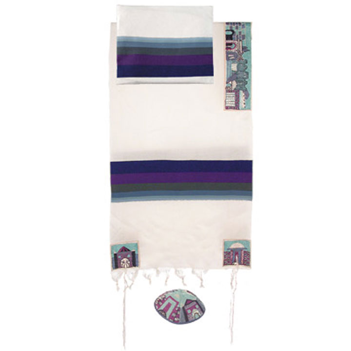 Yair Emanuel Hand Embroidered Jerusalem in Blue Tallit Set