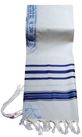 Traditional Lurex Wool Tallit in Blue and Silver Stripes