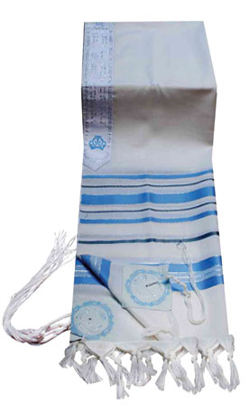 Traditional Lurex Wool Tallit in Turquoise, Grey and Silver Stripes