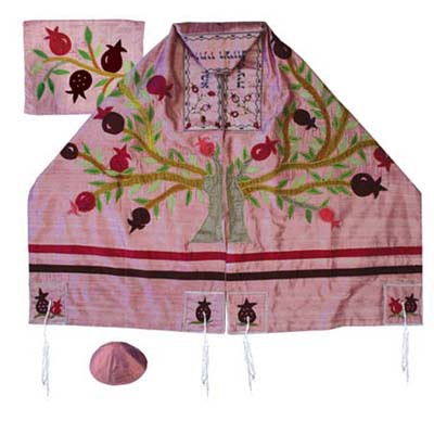 Yair Emanuel Tree of Life - Pomegranates Pink Raw Silk Applique'd Tallit