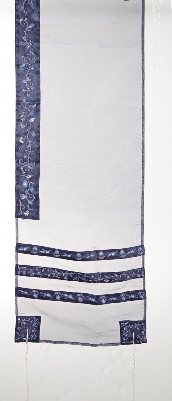 Yair Emanuel Embroidered Organza Tallit Set Striped Design in Blue